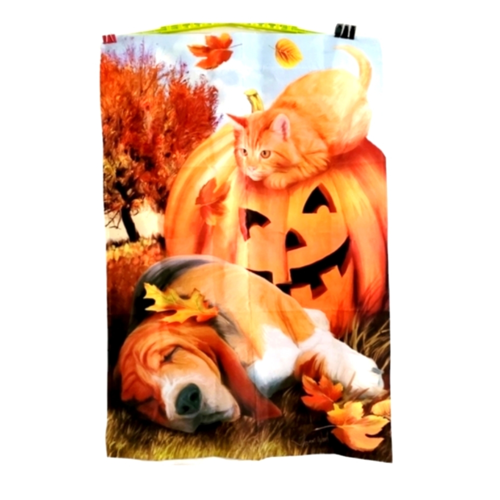 Autumn Fall Orange Cat Pumpkin Dog House Flag Size 28" X 42"
